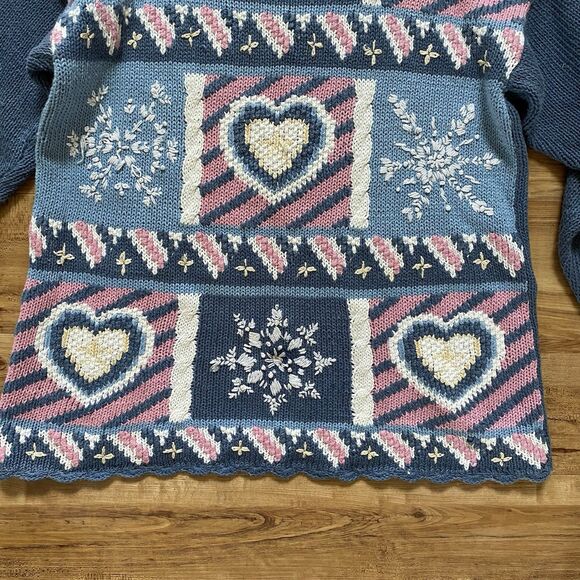 VINTAGE 90s Women M Blue Granny Core Heart Patchwork Heavy Knit Sweater Cottage - Picture 8 of 16